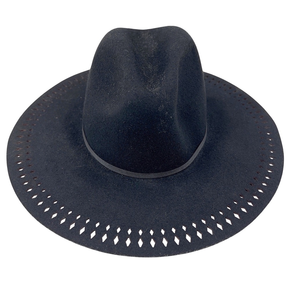 Lucky Brand Black Wool Wide Brim Hat Black Cutouts Fedora‎ OS Boho